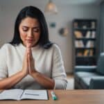 Young woman with praying hands waiting for pregnancy test result