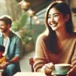 image depicting a date as a single parent. The scene is warm and intimate, showing the parent on a casual date, possibly at a café or park