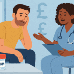 A man sitting in a medical clinic talking to a healthcare professional with a sperm sample container on a table and subtle money symbols in the background
