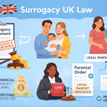 Surrogacy UK law infographic showing legal process, parental order, and restrictions on commercial surrogacy