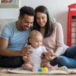Co-parenting couple in the UK with their baby at home photo