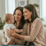 Lesbian couple holding their baby at home photo