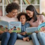 Two mums reading a donor conception children’s book with their child