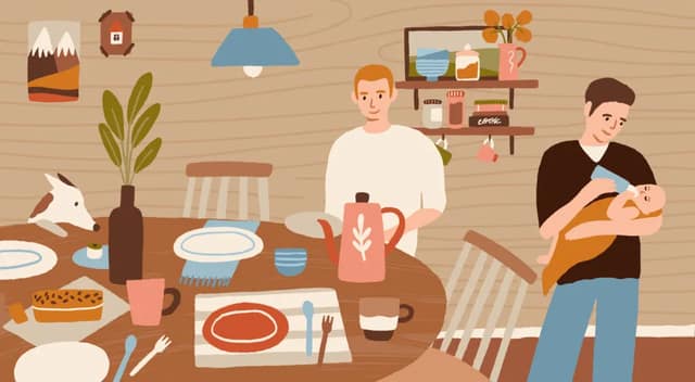 gay parenting rights illustration with same sex couple caring for baby at home