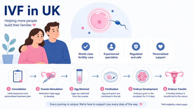 what is ivf infographic explaining the IVF process in the UK from ovarian stimulation to embryo transfer