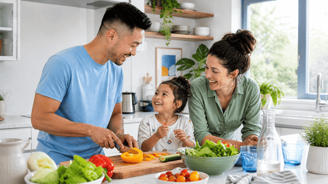 co parenting dating with parents and child cooking together in a friendly home setting
