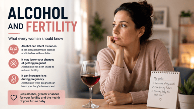 alcohol and fertility infographic showing a woman reflecting on alcohol consumption and its effects on pregnancy chances