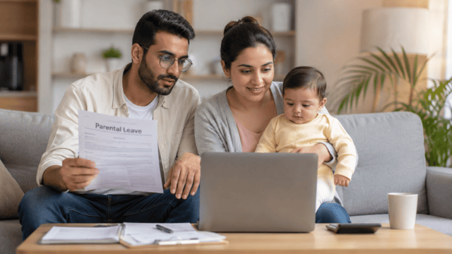 parental leave parents reviewing childcare and work documents while caring for their baby at home