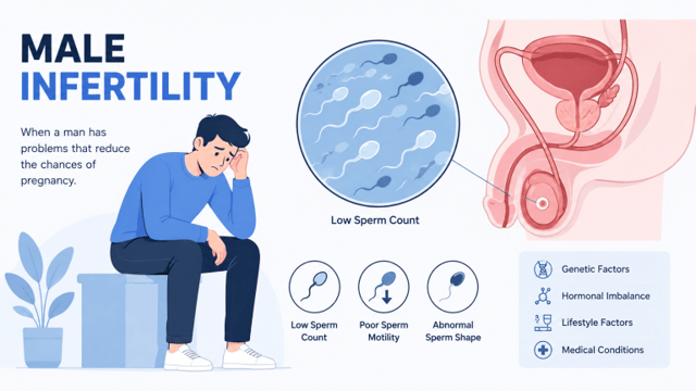 male infertility illustration showing low sperm count, poor sperm motility and abnormal sperm shape affecting fertility