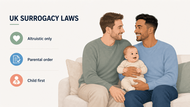 surrogacy laws UK explained with same-sex couple holding baby and key legal principles