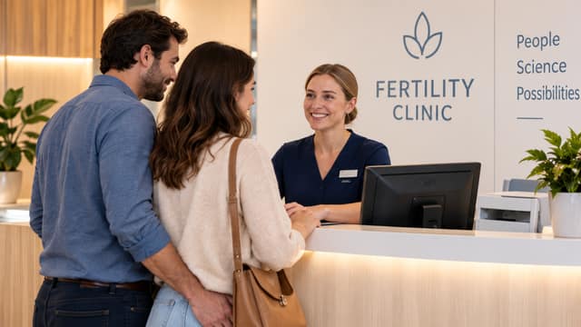 IVF Cost UK 2027 couple at the reception desk of a fertility clinic