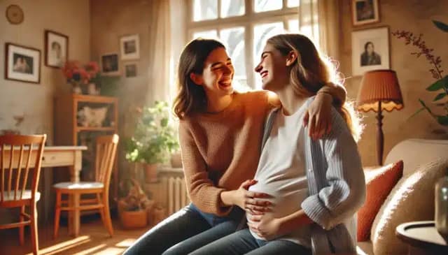 A heartwarming scene of a cheerful lesbian couple, one of them pregnant, sharing a joyful moment in a cozy, sunlit living room. The couple is smiling