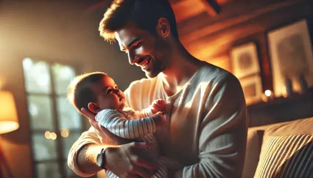 Man holding baby in his arms with warm smile showing the joy of have a baby