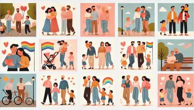 A flat vector illustration set showcasing different LGBT families in various heartwarming scenarios. Each family includes couples like two moms, two dads