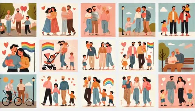 A flat vector illustration set showcasing different LGBT families in various heartwarming scenarios. Each family includes couples like two moms, two dads