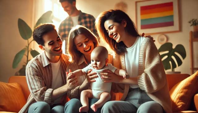 image showing a lesbian couple and a gay couple together with a baby. The scene captures the joy of shared parenting, with all four adults