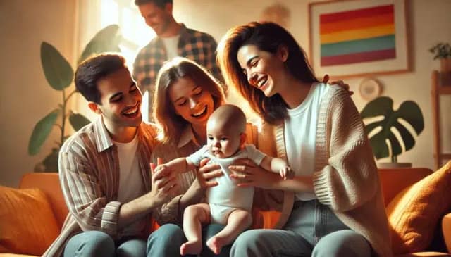 image showing a lesbian couple and a gay couple together with a baby. The scene captures the joy of shared parenting, with all four adults