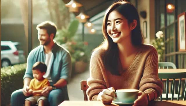 image depicting a date as a single parent. The scene is warm and intimate, showing the parent on a casual date, possibly at a café or park