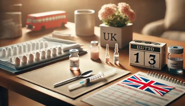 image representing home insemination in the UK. The scene shows a calm, private home setting with medical tools like syringes and vials