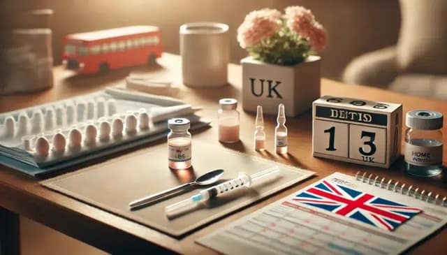 image representing home insemination in the UK. The scene shows a calm, private home setting with medical tools like syringes and vials
