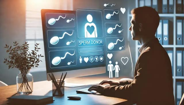 image representing the process of looking for a sperm donor. The scene features a person browsing profiles or information about sperm donors on web