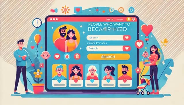 illustration of a dating website designed for people who want to become parents. The webpage features a welcoming and modern design