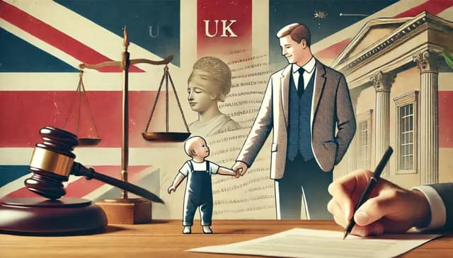 image representing a father's parental rights in the UK. The scene shows a father holding his child's hand