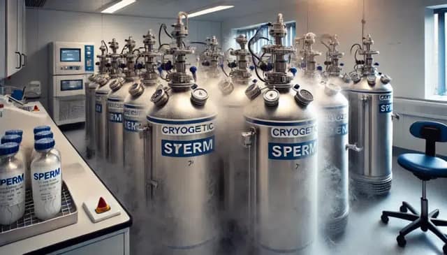 A scientific laboratory scene in the UK showing frozen sperm samples stored in cryogenic tanks. The tanks are metallic, with frost and mist from liquide