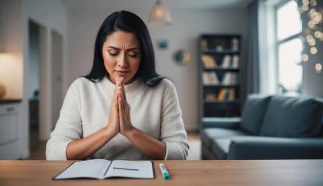 Young woman with praying hands waiting for pregnancy test result