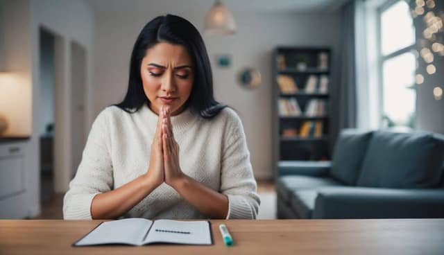 Young woman with praying hands waiting for pregnancy test result