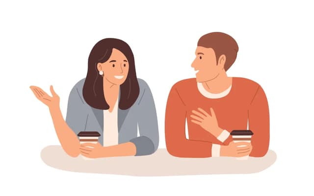 Young man and woman having coffee and talking together discussing co-parenting questions before entering shared parenting arrangement