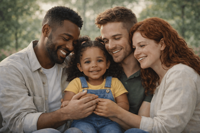 Three diverse adults embracing young daughter outdoors showing happy parents co-parenting together in modern family arrangement