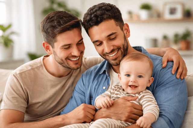Gay parenting couple with baby sharing a happy family moment at home