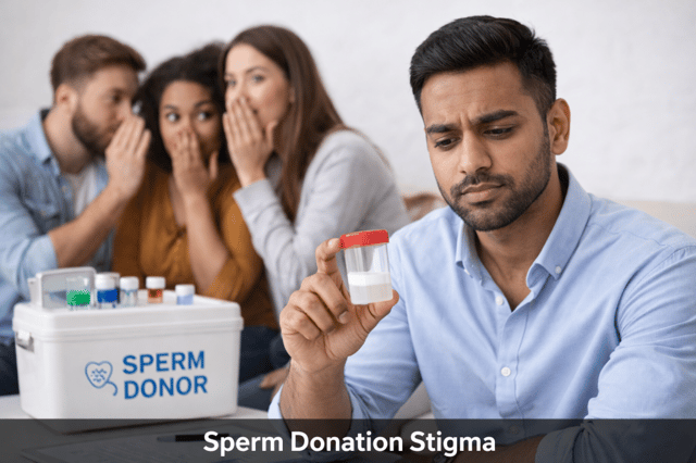Sperm donation stigma concept with man holding sample while others whisper in background