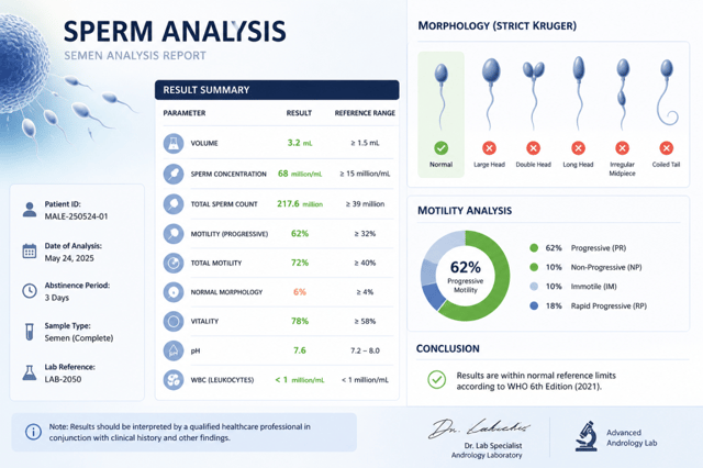 sperm analysis report showing semen parameters motility morphology and fertility results