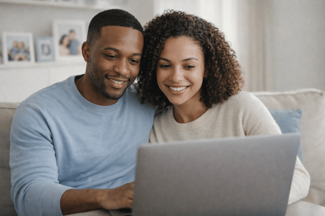 Find a co-parent online couple using laptop together to search for co-parenting options