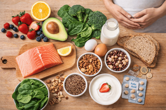Diet to get pregnant with healthy foods including salmon, vegetables, fruits, nuts and folic acid
