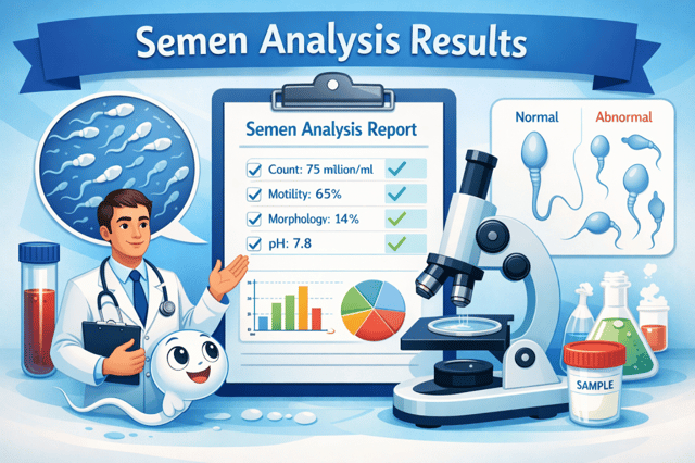 Semen analysis results infographic showing sperm count, motility, morphology and lab testing