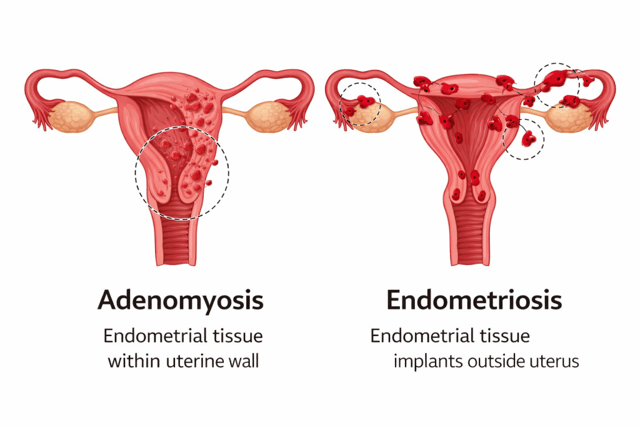 Adenomyosis vs endometriosis diagram comparing uterine conditions and endometrial tissue locations