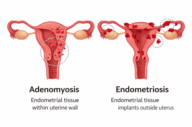 Adenomyosis vs endometriosis diagram comparing uterine conditions and endometrial tissue locations