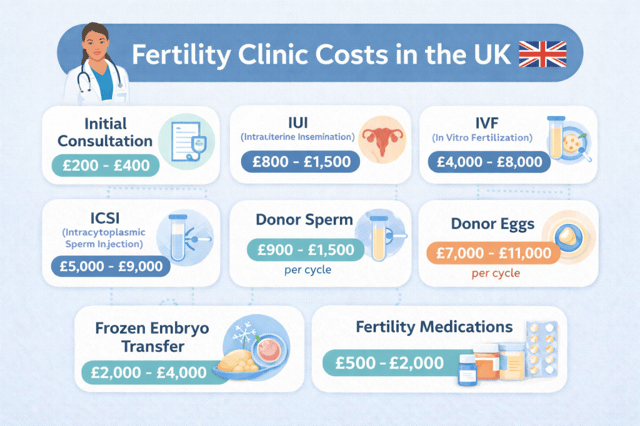 Fertility clinic cost UK infographic showing IUI, IVF, ICSI and donor treatment prices