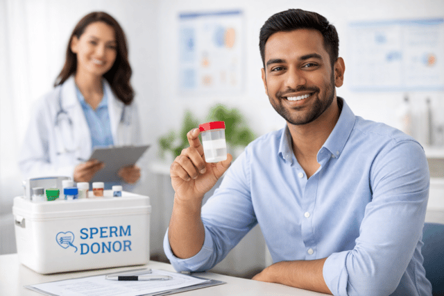 AI with sperm donor concept showing man holding sperm sample in clinic setting