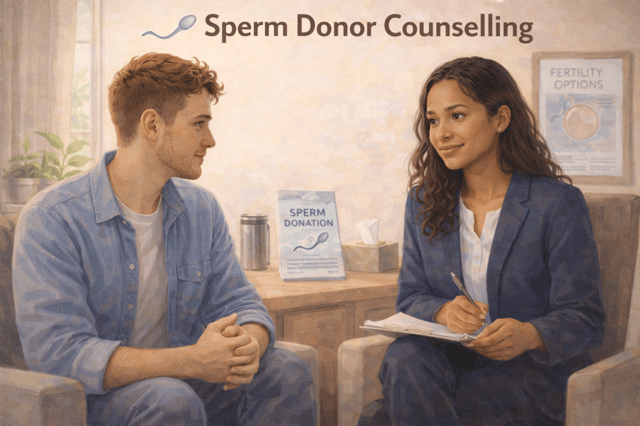 Young man in consultation with female counselor discussing sperm donor counselling process and donation requirements at fertility clinic