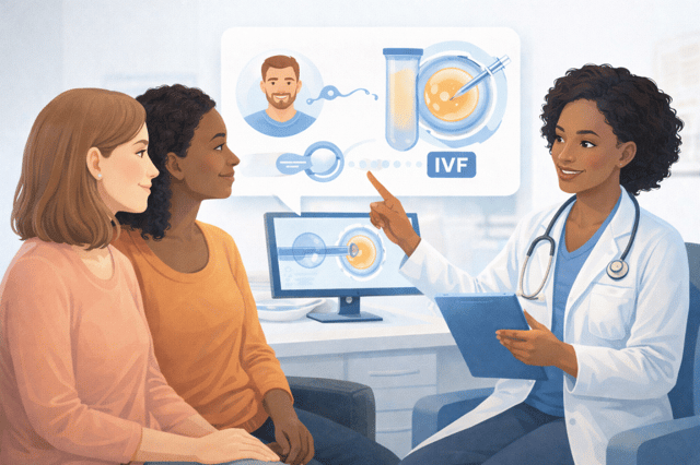 Using donor sperm illustration showing a couple consulting a doctor about IVF and sperm donation process
