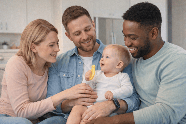 Three parent co-parenting family with two men and one woman caring for a baby together at home