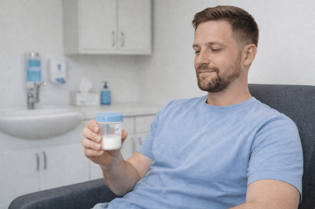 Sperm donating man holding sperm sample container in a clinical environment