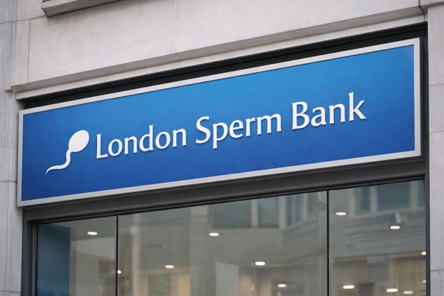 London Sperm Bank clinic sign on building exterior in the UK
