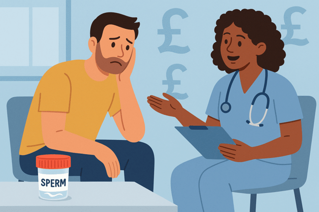 A man sitting in a medical clinic talking to a healthcare professional with a sperm sample container on a table and subtle money symbols in the background