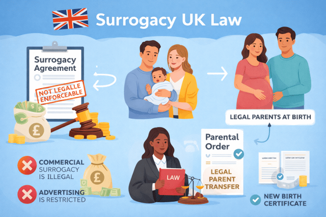 Surrogacy UK law infographic showing legal process, parental order, and restrictions on commercial surrogacy