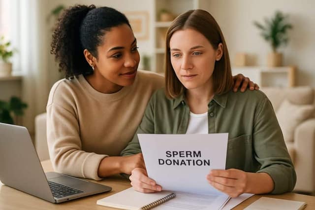Same-sex couple reviewing UK sperm donation options together at home